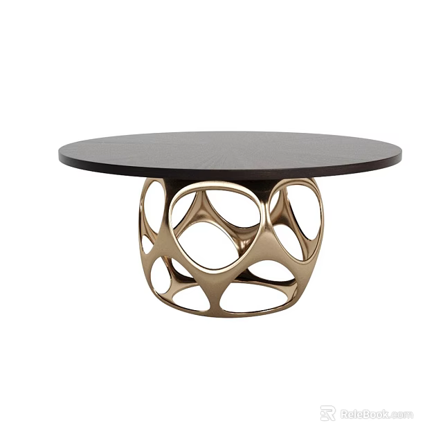 Round Dark Top Dining Table With Golden Intricate Circular Cutout Base 3d model