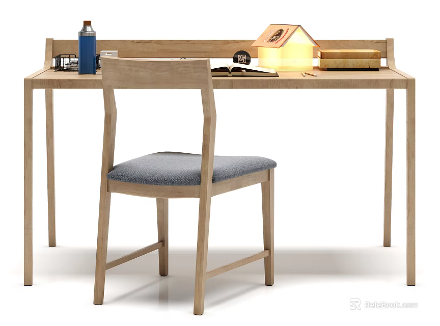 Simple Wooden Desk with Blue Bottle House Shaped Lamp Books and Gray Cushioned Chair 3d model 