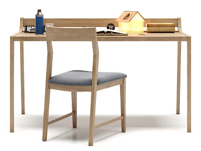 Simple Wooden Desk with Blue Bottle House Shaped Lamp Books and Gray Cushioned Chair 3d model