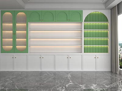 Modern Green And White Display Shelves With Arched Design Layered Shelves And Lighting 3d model
