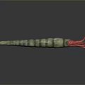 Green striped squid with long body and red tentacles on dark background