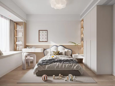 Bright Modern Kids Bedroom With Bed Desk Bookshelf Toys Ceiling Light And Wooden Floor 3d model