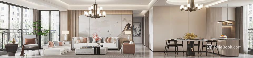 Modern Living Dining Room Interior With Mountain Landscape Wall Chandelier Sofa And Coffee Table 3d model 