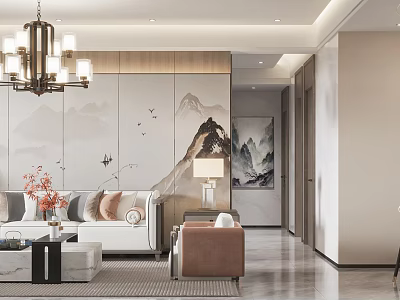 Modern Living Dining Room Interior With Mountain Landscape Wall Chandelier Sofa And Coffee Table 3d model