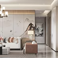 Modern Living Dining Room Interior With Mountain Landscape Wall Chandelier Sofa And Coffee Table
