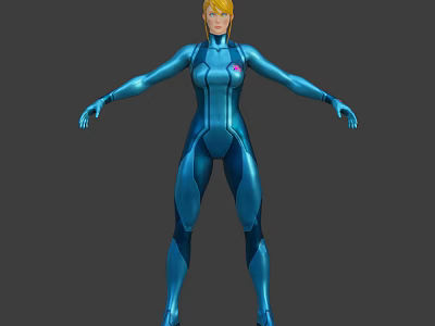 Blue Bodysuit Female Sci Fi Game Character With Yellow Hair And Open Arms 3d model