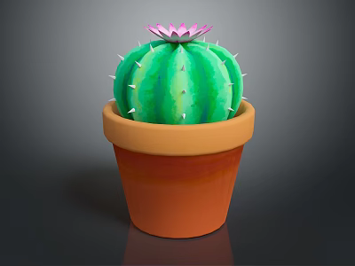 Decorative Green Cactus with Pink Flower and White Spines in Orange Ceramic Pot 3d model