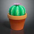 Decorative Green Cactus with Pink Flower and White Spines in Orange Ceramic Pot