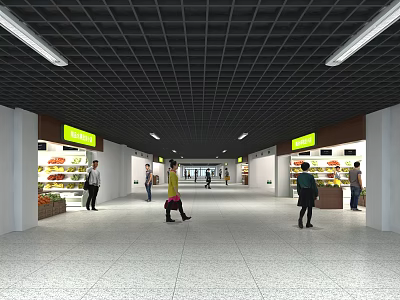Supermarket Interior With People Shopping At Fruit Vegetable Shelves And Aisles 3d model