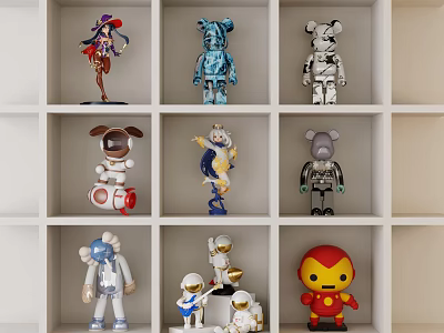 Colorful Dolls Displayed On White Shelves With Various Character Designs 3d model