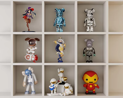 Colorful Dolls Displayed On White Shelves With Various Character Designs 3d model