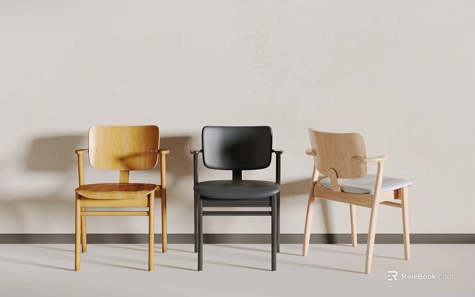 Three Dining Chairs Yellow Black And Light Wooden Against Light Colored Wall And Gray Floor 3d model 