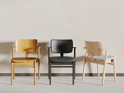 Three Dining Chairs Yellow Black And Light Wooden Against Light Colored Wall And Gray Floor 3d model