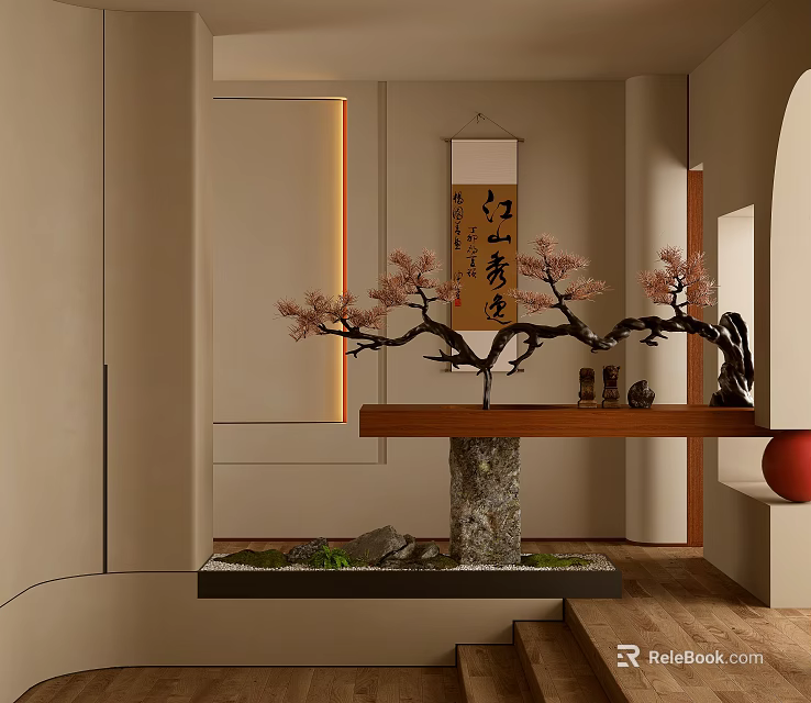 New Chinese Style Interior Landscape With Bonsai And Calligraphy 3d model