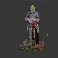 Silver Medieval Knight Armor Statue With Red Cape Standing On Green Grass 3d model