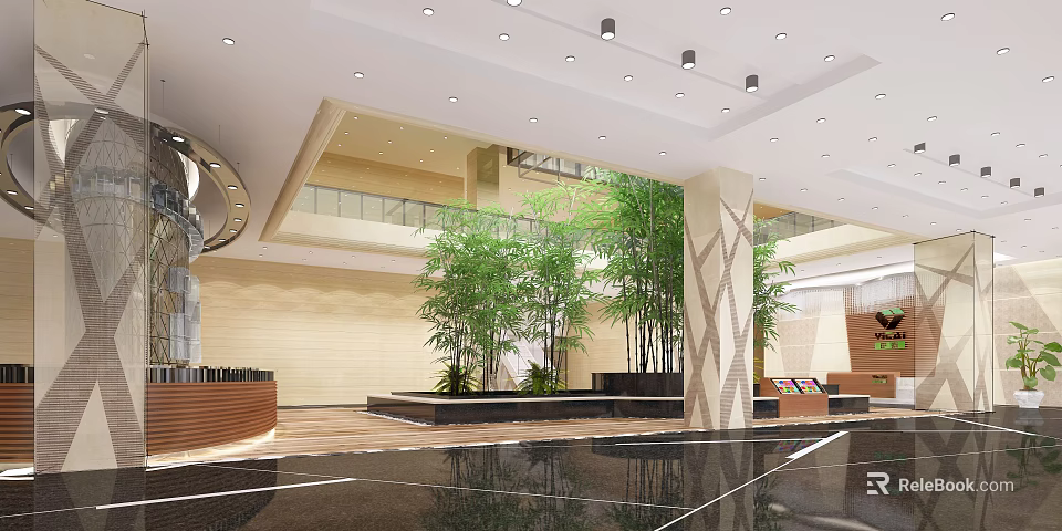 Modern Front Desk Reception Lobby With Bamboo Plants And Marble Floor Design 3d model 