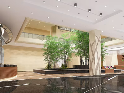 Modern Front Desk Reception Lobby With Bamboo Plants And Marble Floor Design 3d model