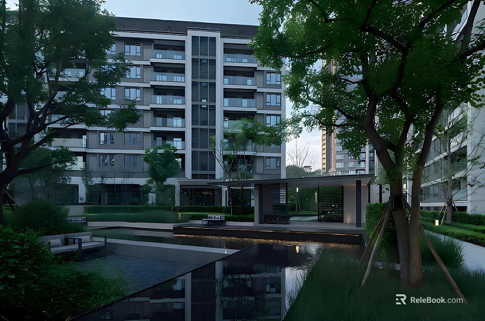 Modern Residential Garden Landscape With Water Pool Trees And Pathways 3d model 