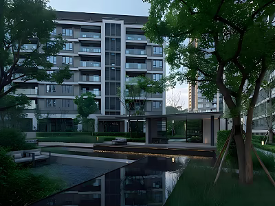 Modern Residential Garden Landscape With Water Pool Trees And Pathways 3d model