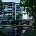 Modern Residential Garden Landscape With Water Pool Trees And Pathways