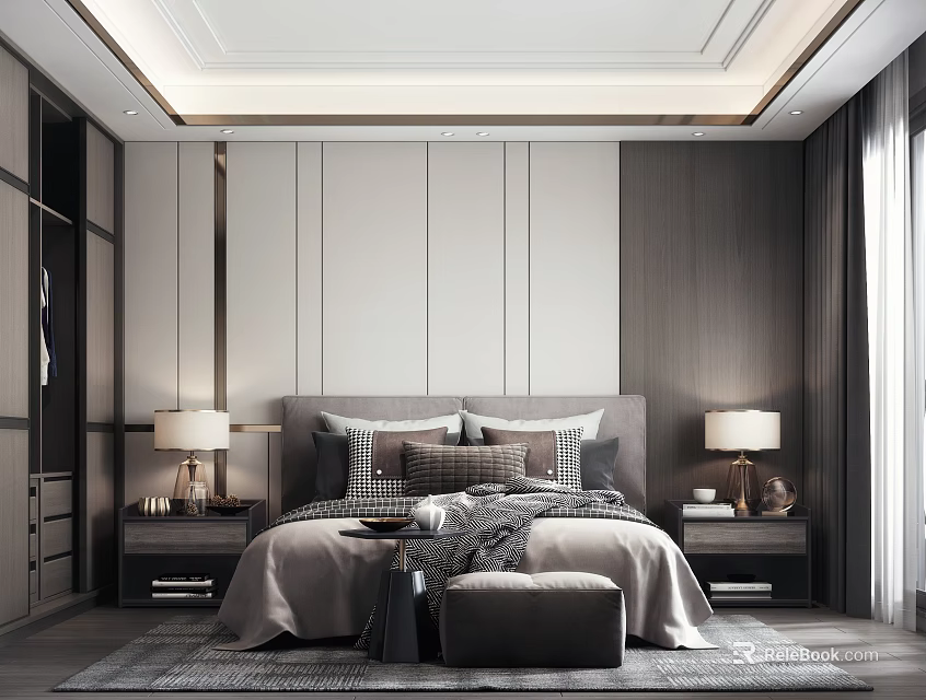 Modern Bedroom Interior With Bed Nightstands Table Lamps Rug Wall Paneling And Decorative Ceiling 3d model 
