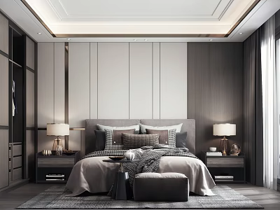 Modern Bedroom Interior With Bed Nightstands Table Lamps Rug Wall Paneling And Decorative Ceiling 3d model