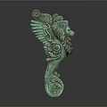 Artistic Green Lion Head Sculpture Carving With Decorative Wings And Intricate Curved Patterns