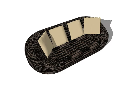 Outdoor Wicker Sofa With Oval Design And Beige Cushions For Patio Decor 3d model