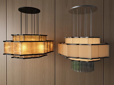 Modern Two Chandeliers with Fabric Striped Shades and Metal Frames on Wooden Wall 3d model