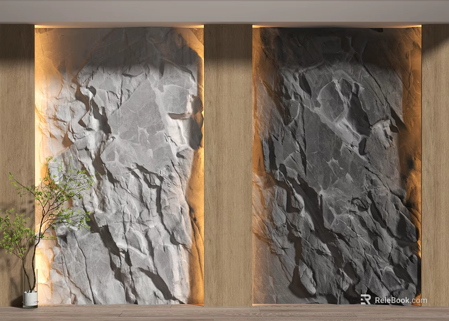 Gray Rock Texture Background Wall With Wooden Frame Warm Lighting And Green Plant 3d model 