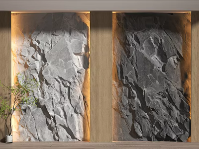 Gray Rock Texture Background Wall With Wooden Frame Warm Lighting And Green Plant 3d model