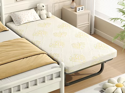 Folding Bed with Yellow Pattern Mattress on Wooden Floor and Teddy Bear in Bedroom 3d model