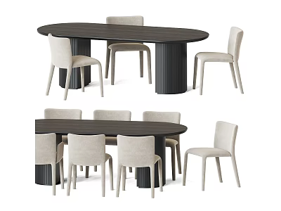 Dark Brown Oval Dining Table Set with Light Beige Chairs for Home Dining Space 3d model