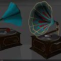 Vintage Gramophones as Musical Instruments with Decorative Wooden Base and Colorful Horns