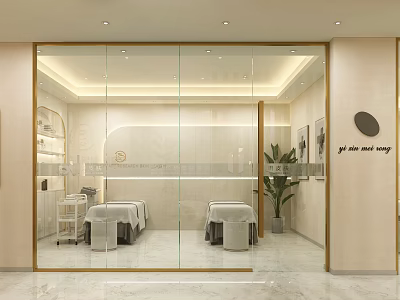 Elegant Modern Beauty Salon Interior With Treatment Beds Glass Doors And Green Plants 3d model