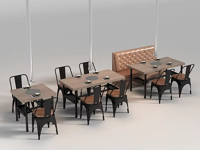Modern Wooden Dining Tables With Black Metal Chairs And Tufted Upholstered Bench In Café Setting 3d model