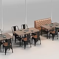 Modern Wooden Dining Tables With Black Metal Chairs And Tufted Upholstered Bench In Café Setting