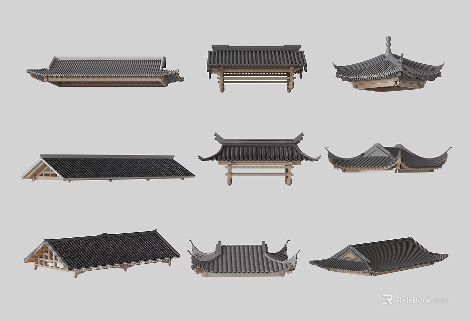 Traditional Chinese Roof Components Featuring Various Curved Eaves And Tile Designs 3d model 