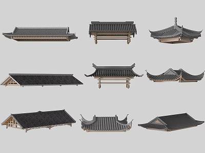Traditional Chinese Roof Components Featuring Various Curved Eaves And Tile Designs 3d model