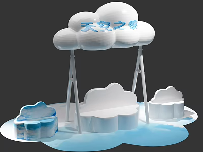 Cloud Shaped Sky Theme Photo Check In Spot With Blue Elements And Seats 3d model