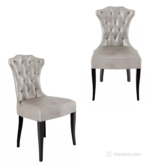 Elegant Light Gray Upholstered Dining Chairs With Tufted Back And Black Legs 3d model