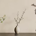 Three Different Ceramic Vases With Bonsai Plants On Dark Wooden Table Light Background