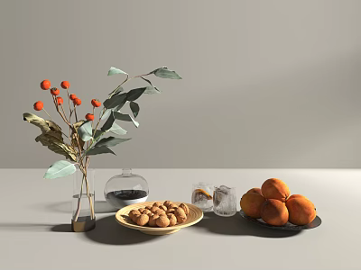 Stylish Decorative Ornament Set With Vase Red Berries Green Leaves Glass Cloche Nuts And Apricots 3d model