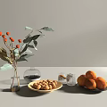 Stylish Decorative Ornament Set With Vase Red Berries Green Leaves Glass Cloche Nuts And Apricots