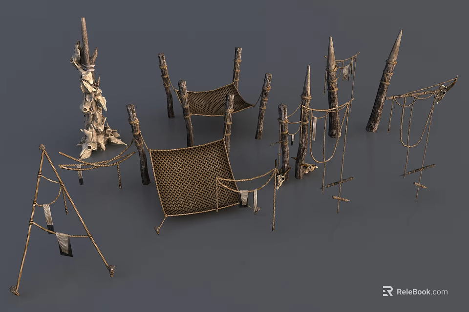 Primitive Tribal Decorative Structures With Wooden Poles Nets Ropes And Totem Carvings 3d model 
