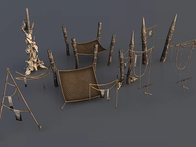 Primitive Tribal Decorative Structures With Wooden Poles Nets Ropes And Totem Carvings 3d model