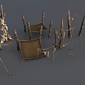 Primitive Tribal Decorative Structures With Wooden Poles Nets Ropes And Totem Carvings
