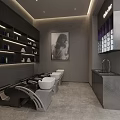 Stylish Modern Beauty Hair Salon Interior With Styling Chairs Product Display Shelves And Sink