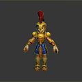 Cartoon Style 3D Character With Golden Armor Red Feathered Helmet Blue Skirt And Orange Gloves