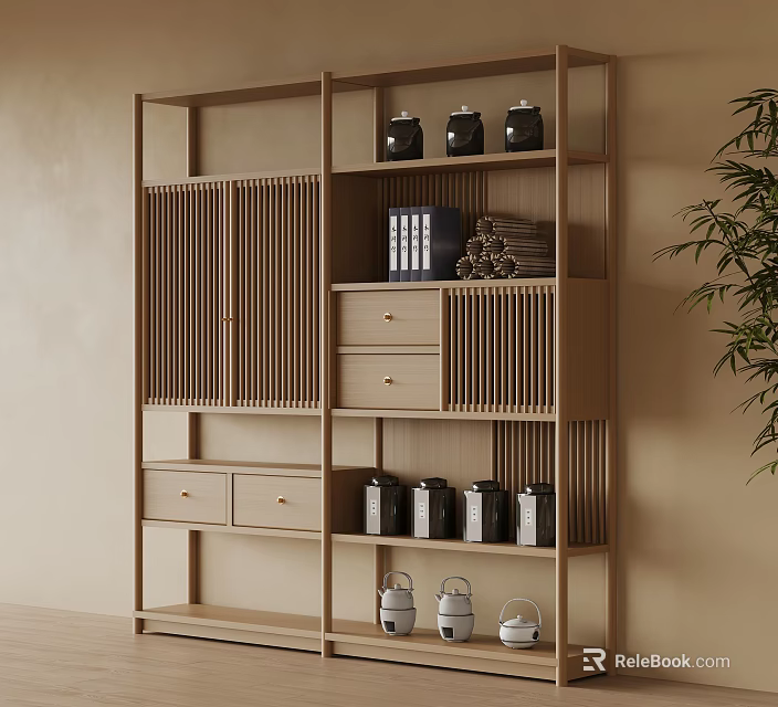 Minimalist Wooden Etagere With Drawers Compartments Jars Books And Tea Sets 3d model 